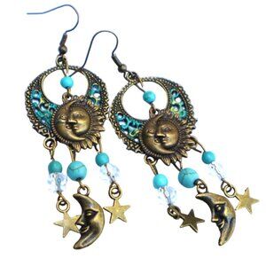NEW Sun Moon and Stars Dangle Earrings Painted Turquoise Accents Boho Jewelry